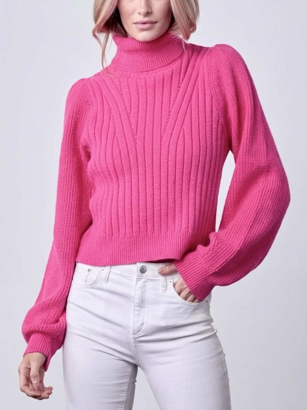 &MERCI Magenta Pink Turtleneck Knit Sweater Balloon Sleeve Ribbed - Size Large